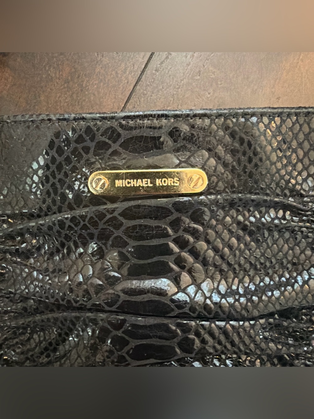 Michael Kors Black Snake-Embossed Shoulder Bag with Gold Plaque - Picture 2 of 8